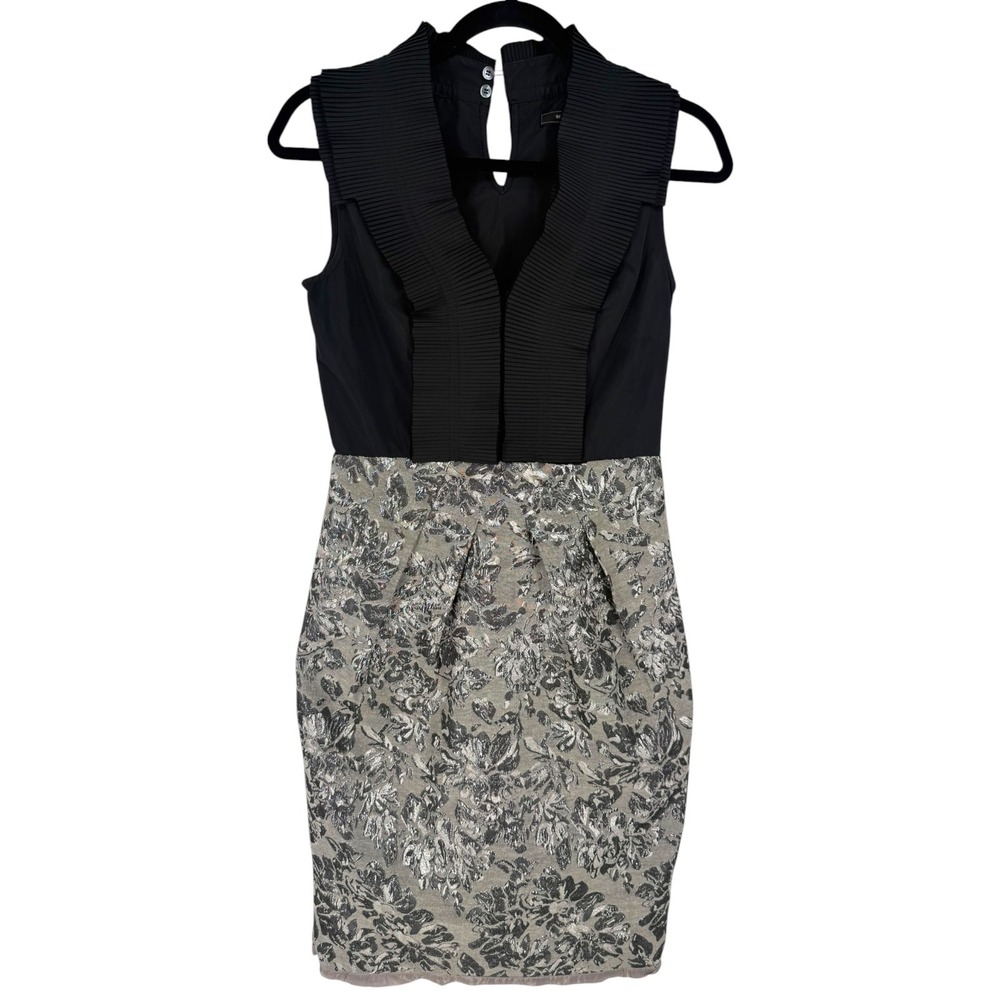 BCBGMAXAZRIA Pleated V-Neck Brocade Dress Black Silver Floral Metallic Size 2